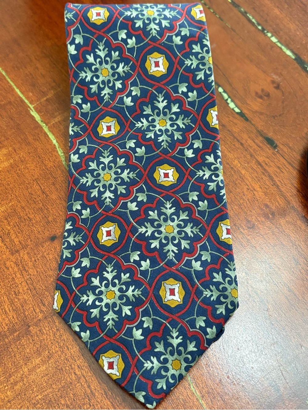 Vtg Christian Dior Monsieur silk tie mosaic geometric medallion blue red & gold
